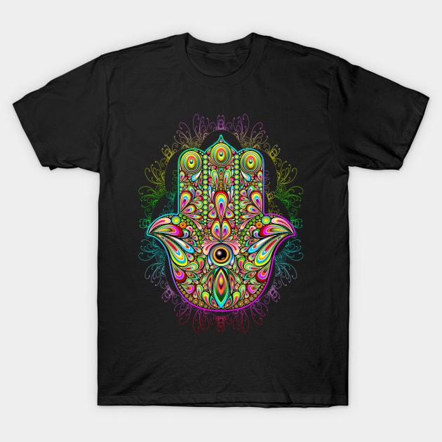 Hamsa Hand Amulet Psychedelic T-Shirt by BluedarkArt